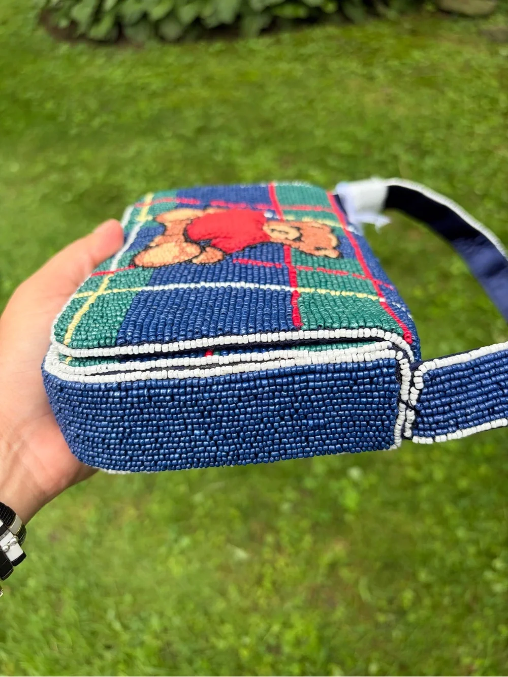 NWT: VIRAL TikTok Beaded Bag Plaid Teddy Bear in Knit Sweater. From India to You